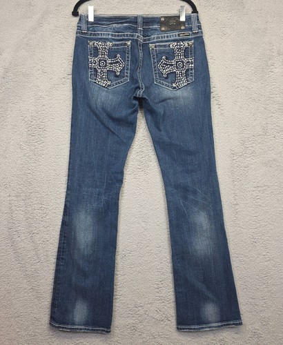 Miss Me Jeans Womens 31 Blue Bootcut Leg Low Rise Distressed Cowboy Western Rock