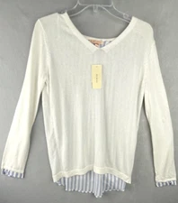 Skies Are Blue Women s White Sweater With Mixed Material White and Blue Size S