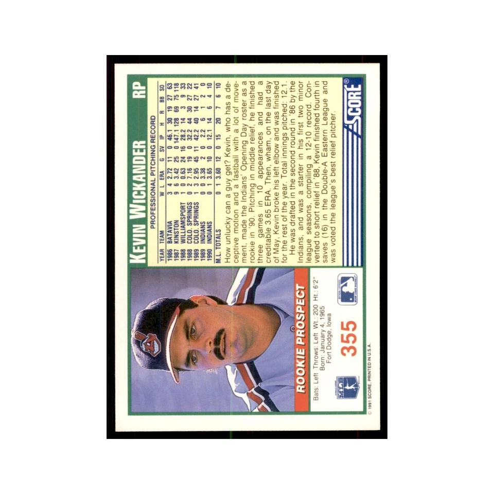 1991 Score Kevin Wickander Baseball Cards #355 - Image 2 of 3