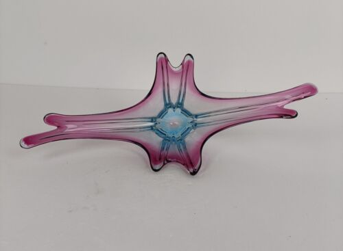 Gorgeous Bowl Dish Centerpiece Blue Cranberry Art Glass Murano Italy Vintage - Picture 7 of 11