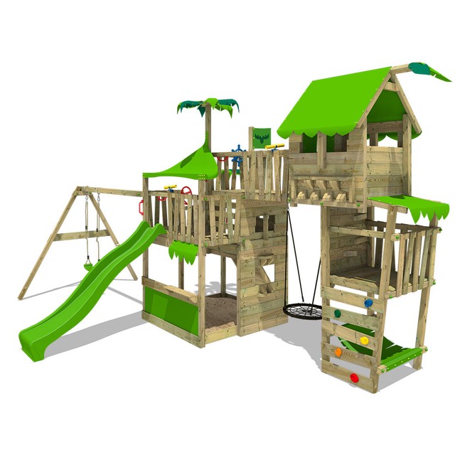 Fatmoose Tropictemple Tall Xxl Wooden Climbing Frame Playtower Swingset Slide