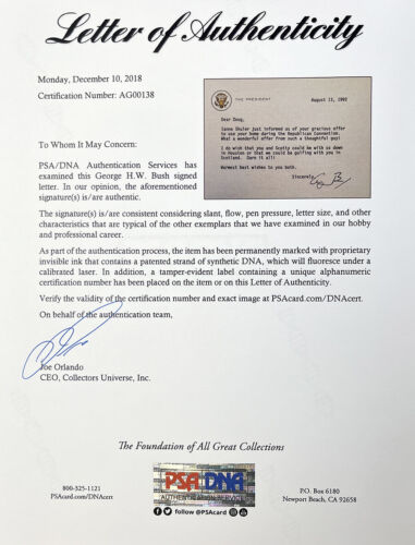 Tarjeta de nota del presidente autografiada de George H. W. Bush a Doug Sanders 13/08/1992 PSA - Imagen 3 de 3