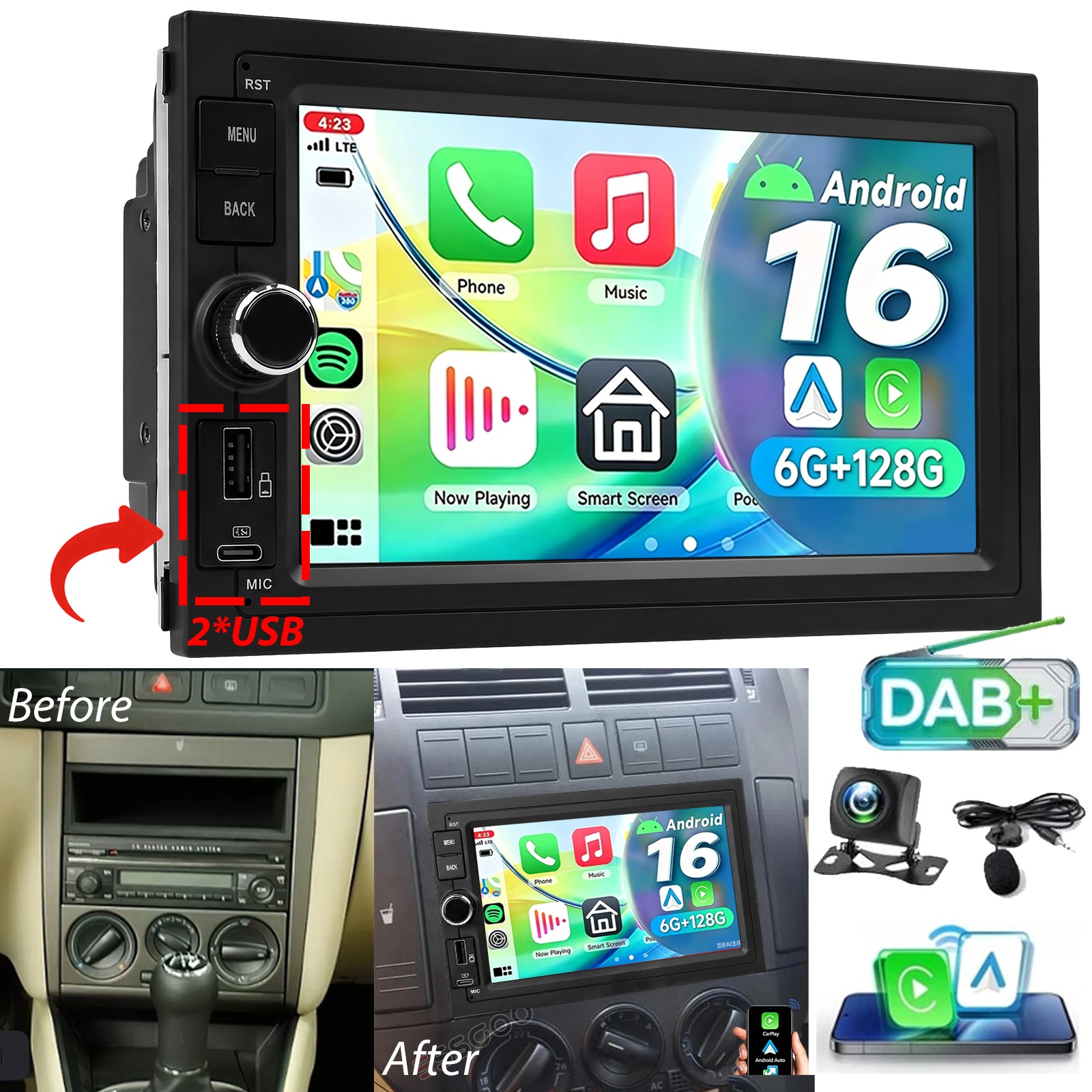 DAB+ 6+128G Android 16 autoradio carplay navigatore per VW Polo 9N Golf 4 Passat B5 T5