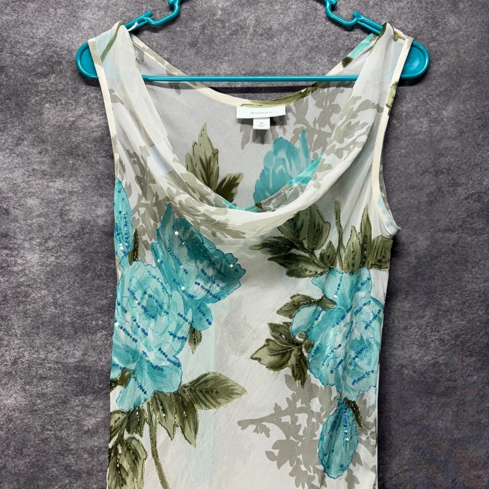 Vestido midi de hadas Y2K Dressbarn M crema verde azulado floral capucha cuello lentejuelas asimétrico Foto 2 de 4