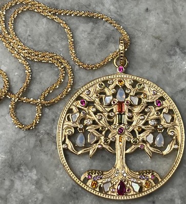 Genuine Multi-Gemstone TREE OF LIFE Necklace 14K Yellow Gold on solid 925 Round