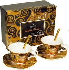 Set of 2 Porcelain Tea Cups 9.3 oz with Saucers 5.75", G. Klimt Collection