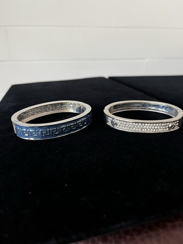 Vintage Hinged Enamel & Rhinestone Accent Bangle Bracelet Lot of 2 - Picture 4 of 16