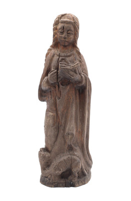 Antike Holzfigur Heilige Agnes 18. Jhd Holzschnitzerei Handarbeit alt H 29 cm