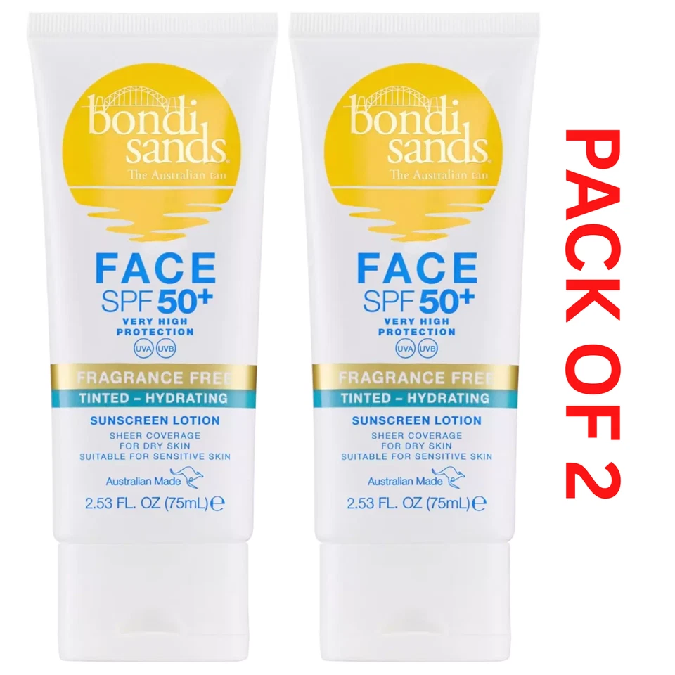 2x Bondi Sands LSF 50+ Face Fragrance Free - Hydrating Tinted Lotion 75ml