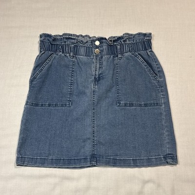 Denim BLVD LA Womens Sz XL Chambray Mini Skirt 4 Pockets Ruffled Waist STRETCH