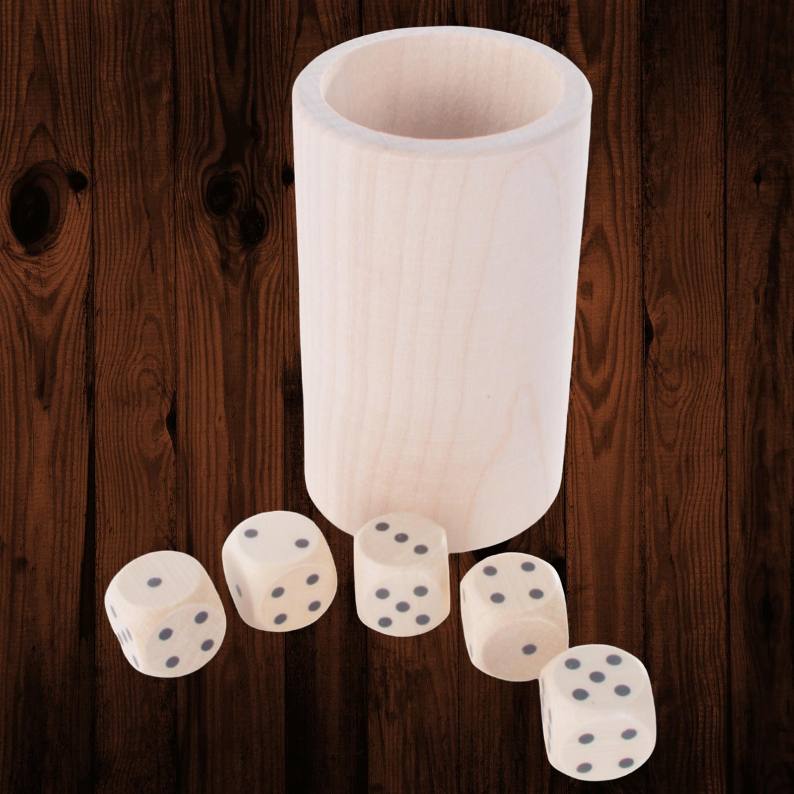 Wooden Dice Shaker Cup with 5 Dice Beechwood Board Games Casino Craft Unfinished