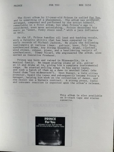 PRINCE For You Vinyl Promo Warner Bros Records April 1978 Record Release Guide