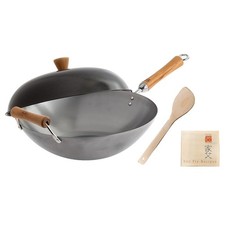 Classic Series 14-Inch Uncoated Carbon Steel Wok Set with Lid and Birch Handl...