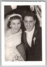 Vtg B&W Snapshot Smiling Bride & Groom Wedding Attire 1950s