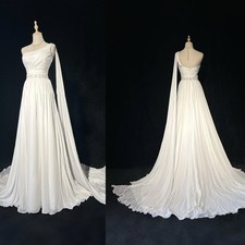 One Shoulder Wedding Dress with Beaded Waist Sleeveless Sweep Train Bridal Gown