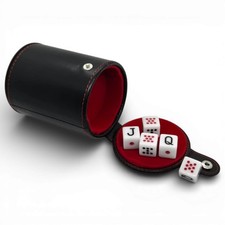 Spanish Poker Dice White PU Leather Red Felt Lined Cup w/ Storage Compartment