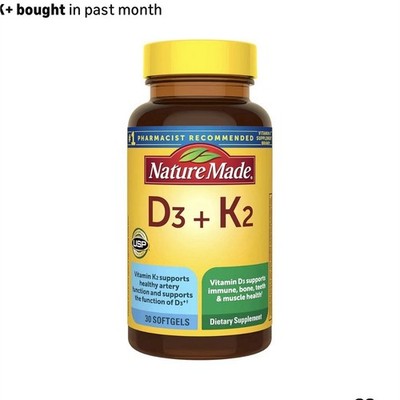 Nature Made Vitamin D3 5000IU K2 100mcg Gluten Free 30 Softgels