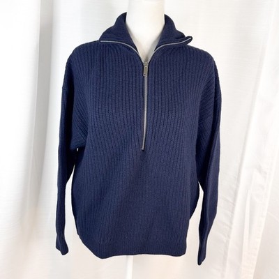 NWT Everlane Luxe Felted Wool Half Zip Sweater Womens Small Navy Blue Ribbed