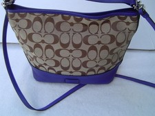 AUTHENTIC COACH PARK KHAKI SIGNATURE MINI TOTE/CROSSBODY W/PURPLE TRIM EUC/LN