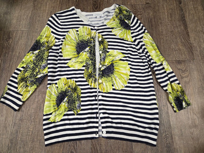 Joseph A Navy White Lime Green Floral Stripe Thin Cardigan Sweater Size Large