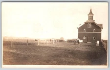 Fancy Horse Barn~Arched Windows~Cupola On Roof~White Horses In Yard~c1910 RPPC