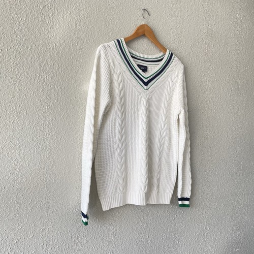 Lands End Drifter Mens M 38 40 White Cricket Tennis Preppy Academia Sweater - Picture 3 of 13