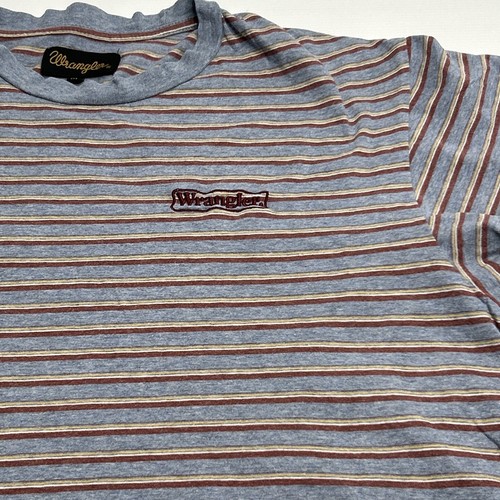 Wrangler T Shirt Mens Sz M Striped Embroidered Logo Country Bush Casual Work Tee - Picture 3 of 11
