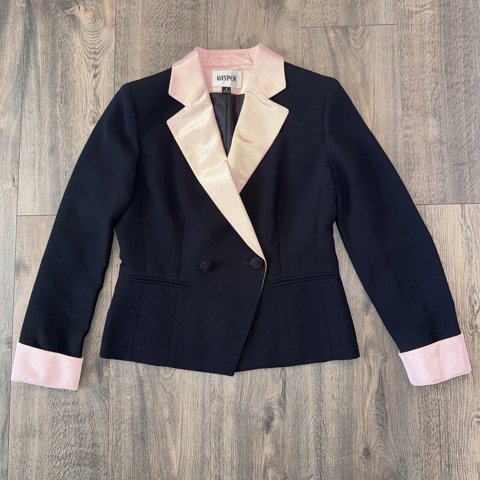 VETEMENTS Kasper Blazer Donna Carriera Lavoro Ufficio Professionale Nero Rosa Cappotto Taglia 6