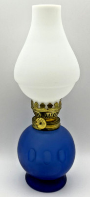 Vintage Mini 8'' SATIN BLUE Dimpled GLASS Kerosene Oil Lamp WHITE FROSTED SHADE