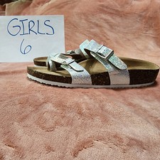 New Girls Size 6 Silver White Metallic Adjustable Buckle Slip On Sandals NWT