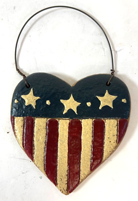 Wood Heart Flag Painted USA Patriotic Red, White & Blue Vintage Rustic