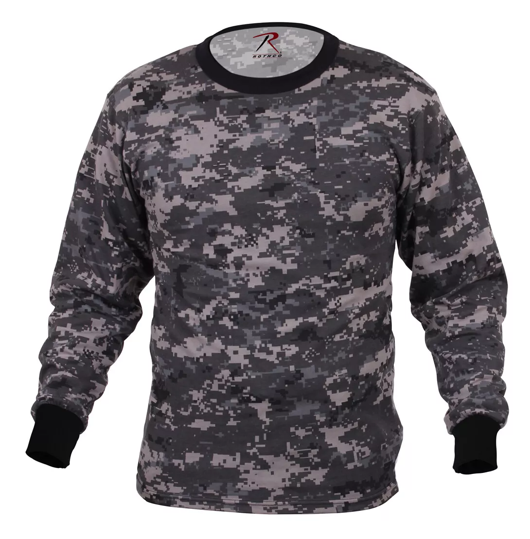 Subdued Urban Digital Camo Long Sleeve Cotton T-Shirt - Black & Gray Camouflage