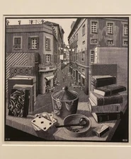 Still Life and Street – M.C. Escher Surreal Perspective Art Print 1938 to Frame