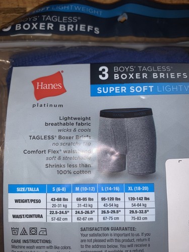 Hanes Kids Boys Platinum Cotton 3-Pack Boxer Brief Underwear Size Large L - Picture 6 of 6