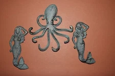 (3) Sea Life Mermaid Octopus Bath Towel Hook Gift Set Bronze-look Cast Iron
