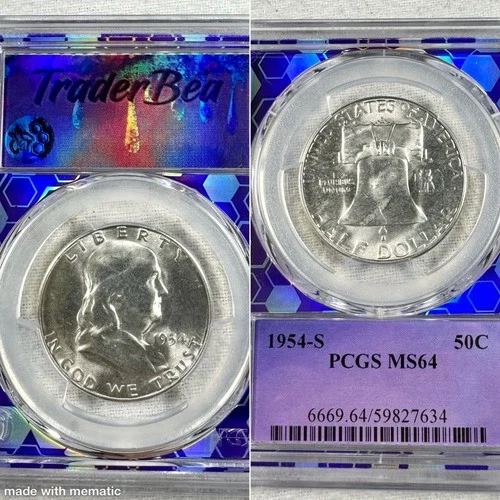 1954 S 50C Franklin Half Dollar PCGS MS 64 - Trader Bea - Purple Core 90% Silver
