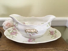 Antique Limoges France by C Ahrenfeldt Gravy Boat & Attached Plate Pink Floral