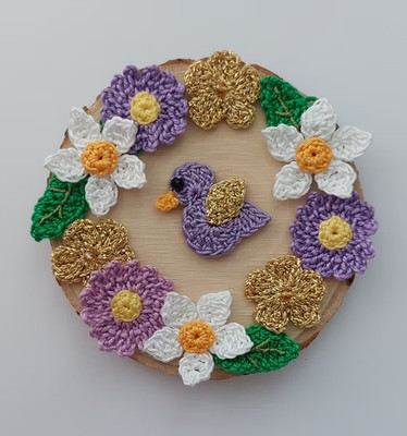 Sommer Häkelblumen Set - Gänseblümchen, Vogel & Blatt Applikationen - Handarbeit Bastelmotiv