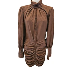 Ronny Kobo Yebba Dress long sleeve chocolate chiffon cocktail sexy flirty FLAW S