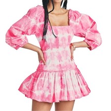 LoveShackFancy Women’s Size 4 Hibiscus Pink White Tie Dye Chai Denim Mini Dress