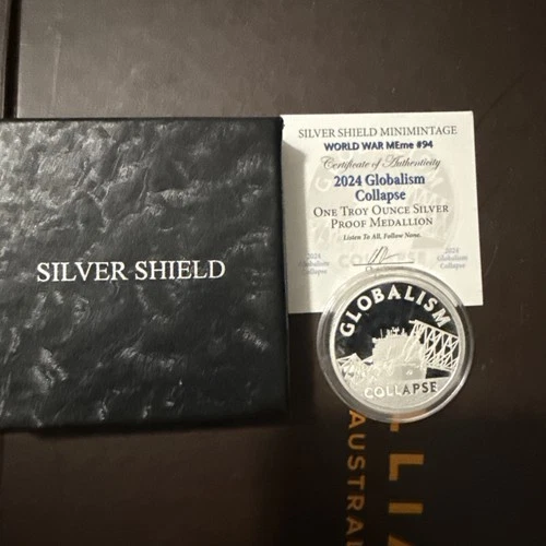 Silver Shield Mini Mintage 1 oz Proof 2024 Globalism Collapse World War meme #94