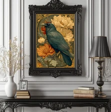 Art Nouveau Raven Poster – Floral Crow Wall Art, Botanical Vintage Illustration