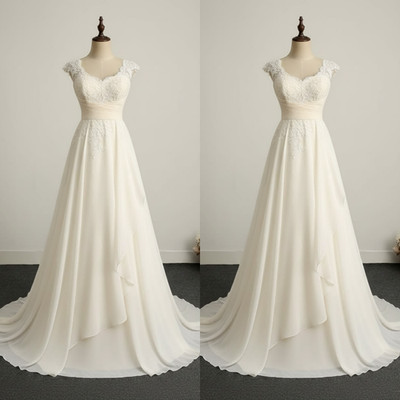 Chiffon Wedding Dresses Short Sleeves Summer Beach Ivory White Bridal Gowns