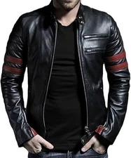 Men’s Black Retro Leather Motorcycle With Red Stripes Genuine Leather Jacket