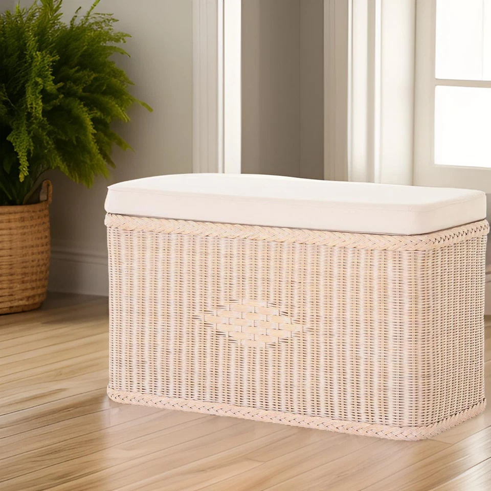Rattan Sitztruhe Truhenbank mit gepolsterten Sitz in der Farbe Vintage Weiss - Bild 2 von 4