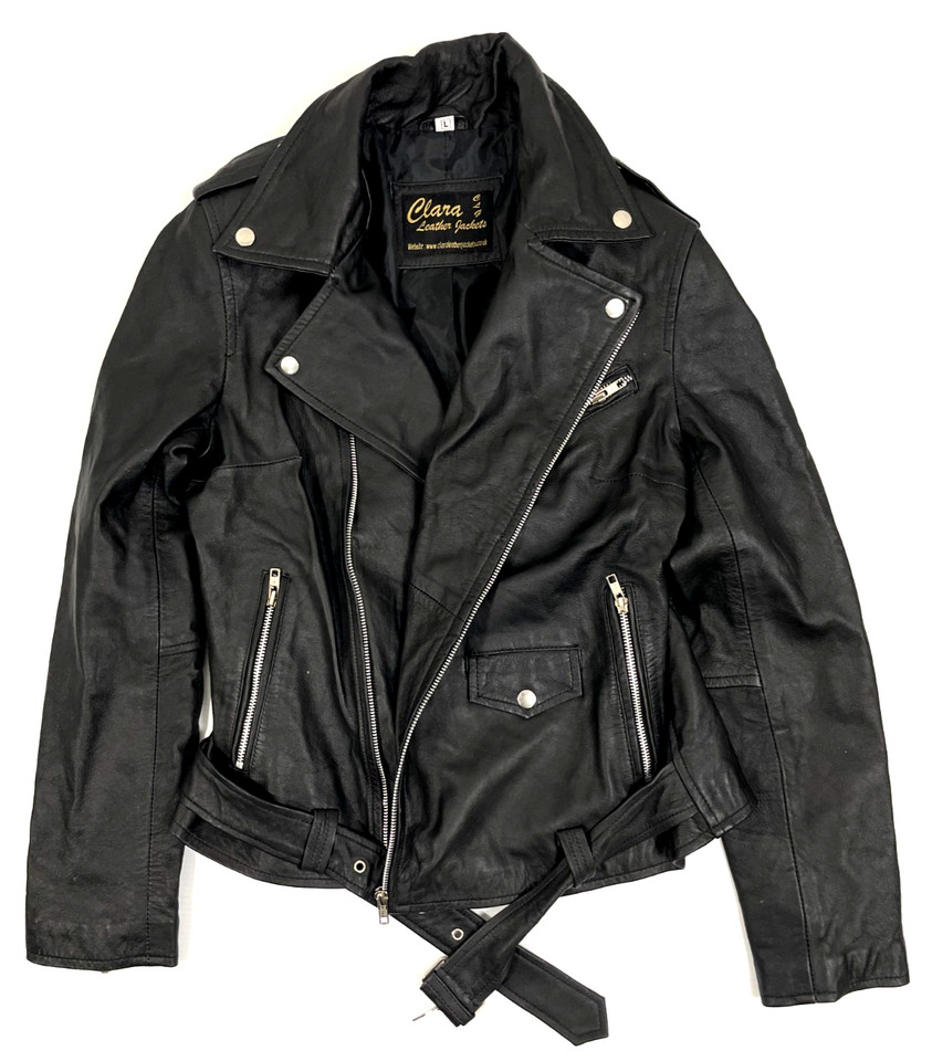 "Clara" Women's Black Leather Jacket with 'Serpents' Patches to Back - Size L