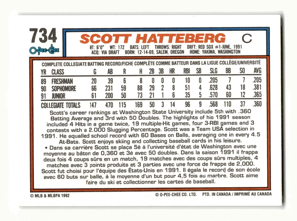 Scott Hatteberg RC Rookie 1992 O-Pee-Chee #734 Boston Red Sox NM-MINT - Image 2 of 2