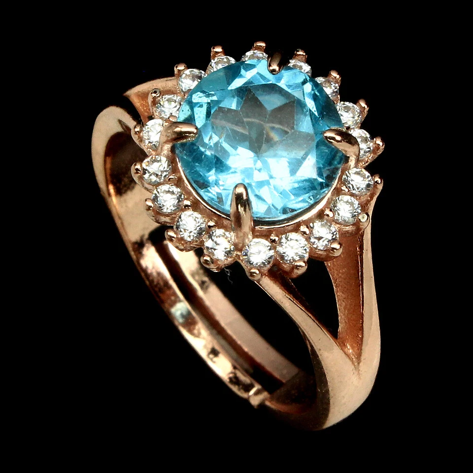 Anillo de plata de ley 925 topacio azul suizo redondo 8 mm joyas de piedras preciosas Foto 2 de 4