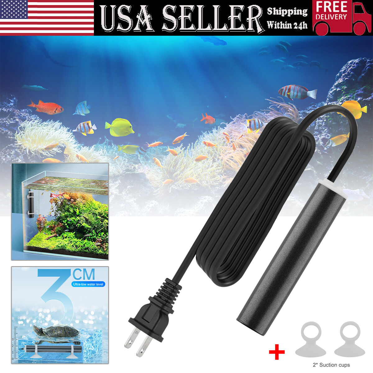 50W IP68 NEW Aquarium Water Heater Fish Tank Turtle Submersible Thermostat Gauge