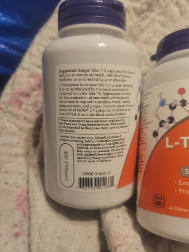 NOW FOODS L-Tryptophan 500 mg 120 Veg Capsules Relaxation,mood,sleep - 04/25 - Picture 2 of 2